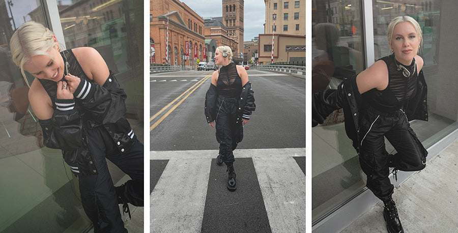 Photos of Grace Weber wearing the Koss Porta Pros