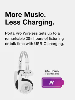 Porta Pro Wireless headphones with charging information on a white background