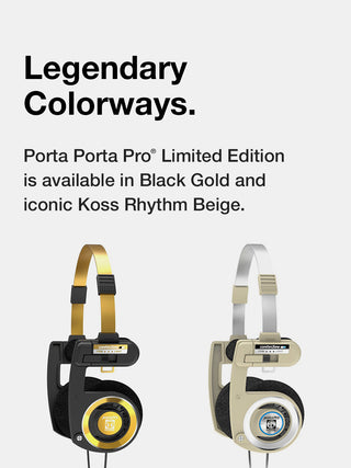 Two pairs of headphones, one black gold and one beige, with text about 'Legendary Colorways' on a white background.