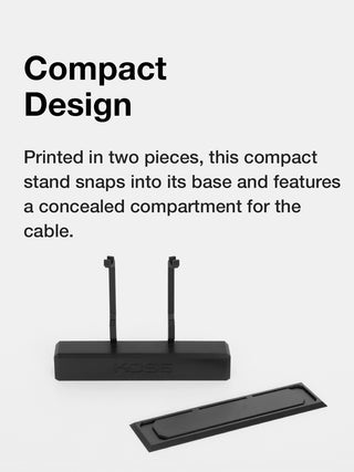 Compact stand with a concealed cable compartment on a white background