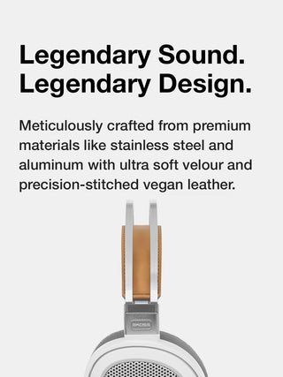 Headphones with text about legendary sound and design, featuring premium materials.
