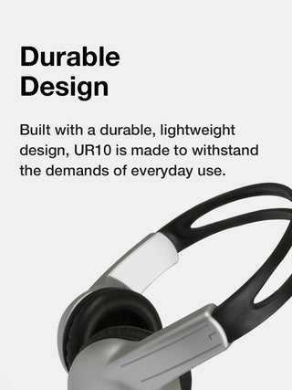In-ear headphones with text about durable design on a white background
