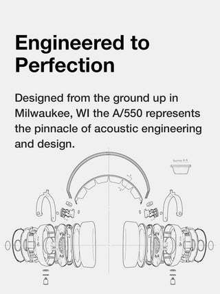 Technical diagram of an acoustic device with text about its engineering in Milwaukee, WI.