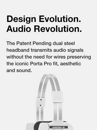 White porta pro with text about design evolution and audio revolution on a white background