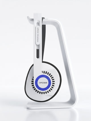 A white Koss wireless speaker stand with a circular black and blue speaker grille, shown on a clean white background.
