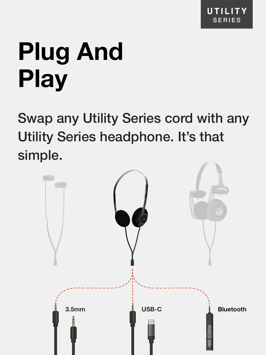 Advertisement for Utility Series headphones and cords with text 'Plug And Play'.