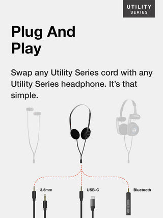 Advertisement for Utility Series headphones and cords with text 'Plug And Play'.