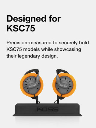 Koss KSC75 headphones on a stand with branding text on a white background