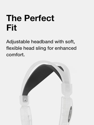 White headband with black interior on a white background, featuring text about adjustable fit and comfort.