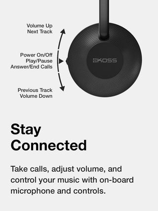 Black Koss portable speaker with control labels on a white background