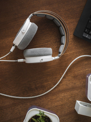 Headphones on a wooden surface with a laptop and small plant