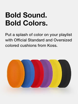 Colorful cushions with text promoting Koss branded products on a white background