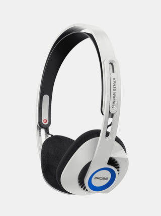 White and black headphones with Koss logo on a white background