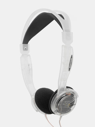 Clear headphones with black ear cushions on a white background