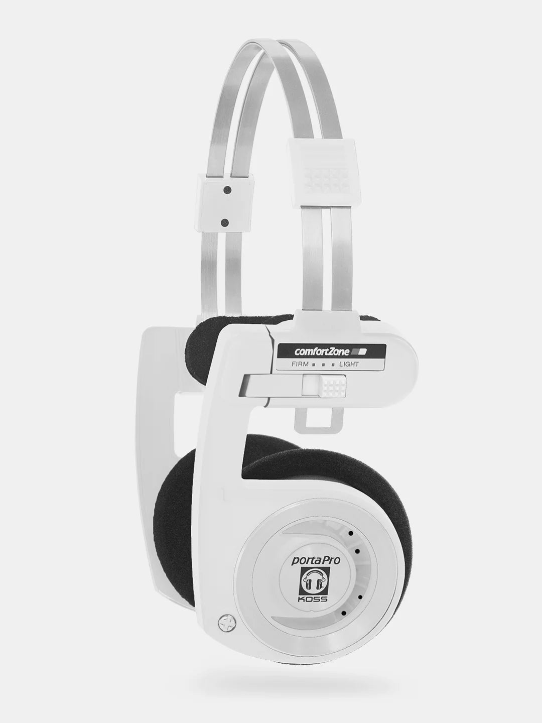 White over-ear headphones with visible branding on a white background