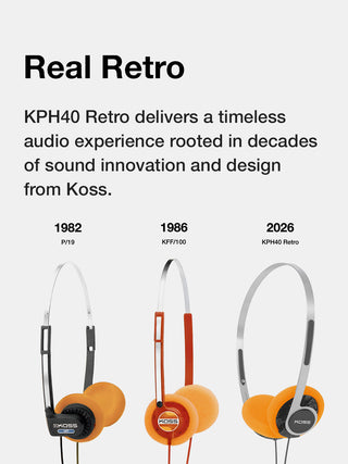 Three generations of Koss headphones from 1982 to 2026 with text about sound innovation.
