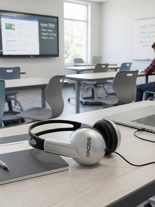 Koss headphones on a desk in a classroom setting