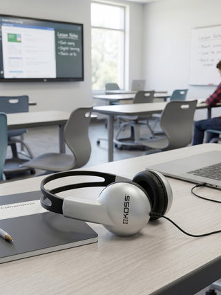 Koss headphones on a desk in a classroom setting
