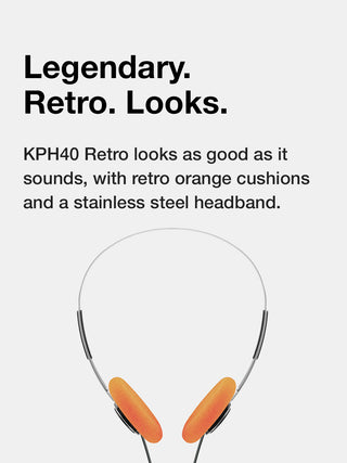 Retro-style headphones with orange cushions and stainless steel headband on a white background.