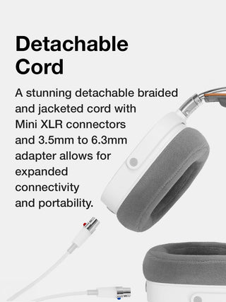 Detachable braided cord with Mini XLR connectors and 3.5mm to 6.3mm adapter on a white background