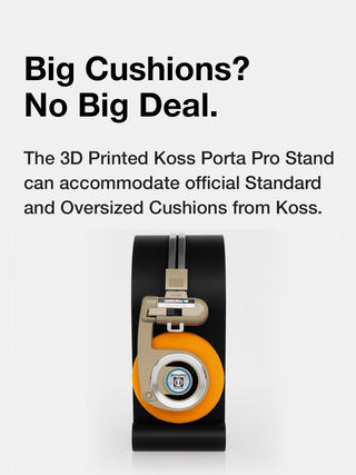 3D printed Koss Porta Pro stand with text about accommodating Koss cushions on a white background