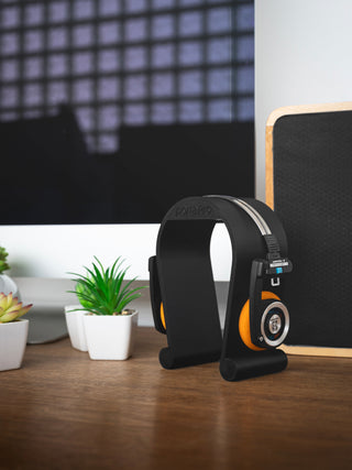 Black wireless Porta Pro's resting on new 3D printed Koss Porta Pro stand.