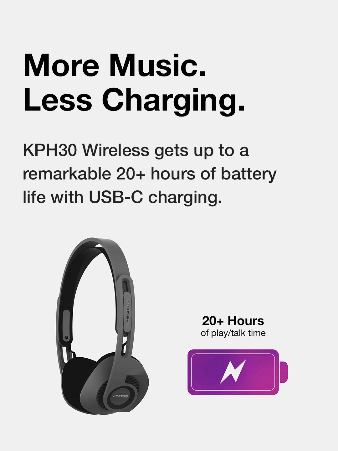 KPH30 Wireless headphone showing 20+ hour battery life
