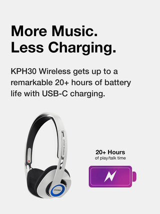 Wireless headphones with battery life and charging information on a white background