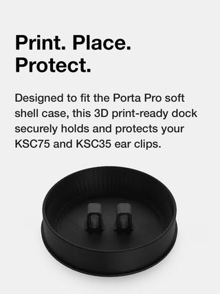 Black 3D print-ready dock for KSC75 and KSC35 ear clips with text on a white background