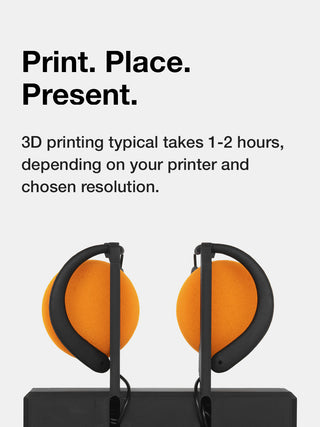 3D printed objects on a stand with text about 3D printing time.