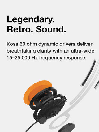 Koss headphones with text about legendary retro sound and dynamic drivers.