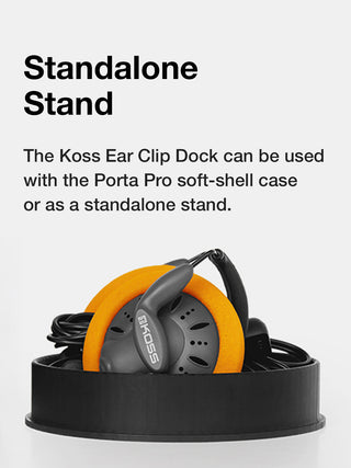 Koss ear clip dock with text about standalone stand and Porta Pro soft-shell case compatibility.