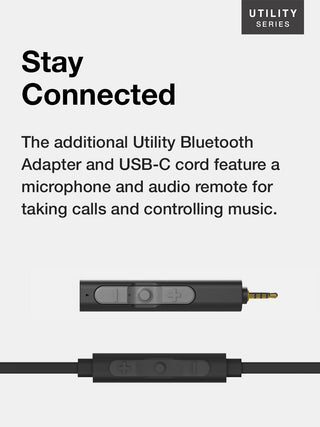 Black Bluetooth adapter and USB-C cord with text on a white background
