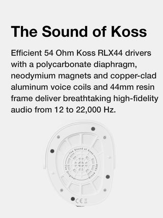 Koss RLX44 driver with text about its specifications on a white background