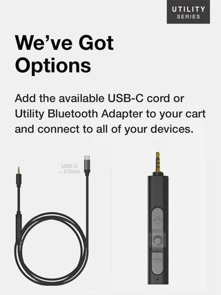 USB-C cable and Bluetooth adapter with text on a white background
