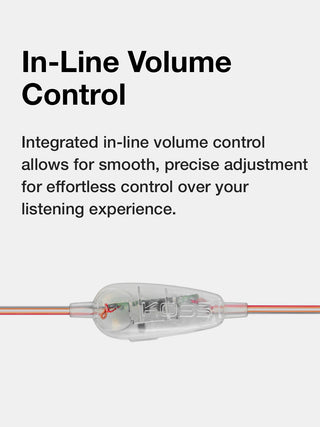In-line volume control component with text on a white background