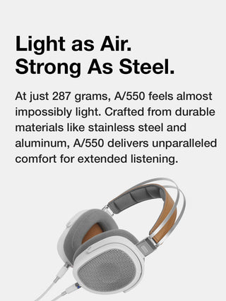 Headphones with text about their light weight and durability on a white background