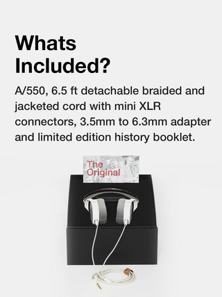 Product packaging with headphones and accessories on a white background, including text about included items.