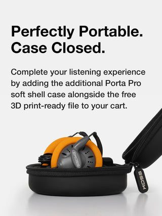Porta Pro soft shell case with headphones inside, text about portability and additional product offer.