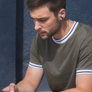 Man wearing BT115i-Wireless-Bluetooth-Ear-Buds